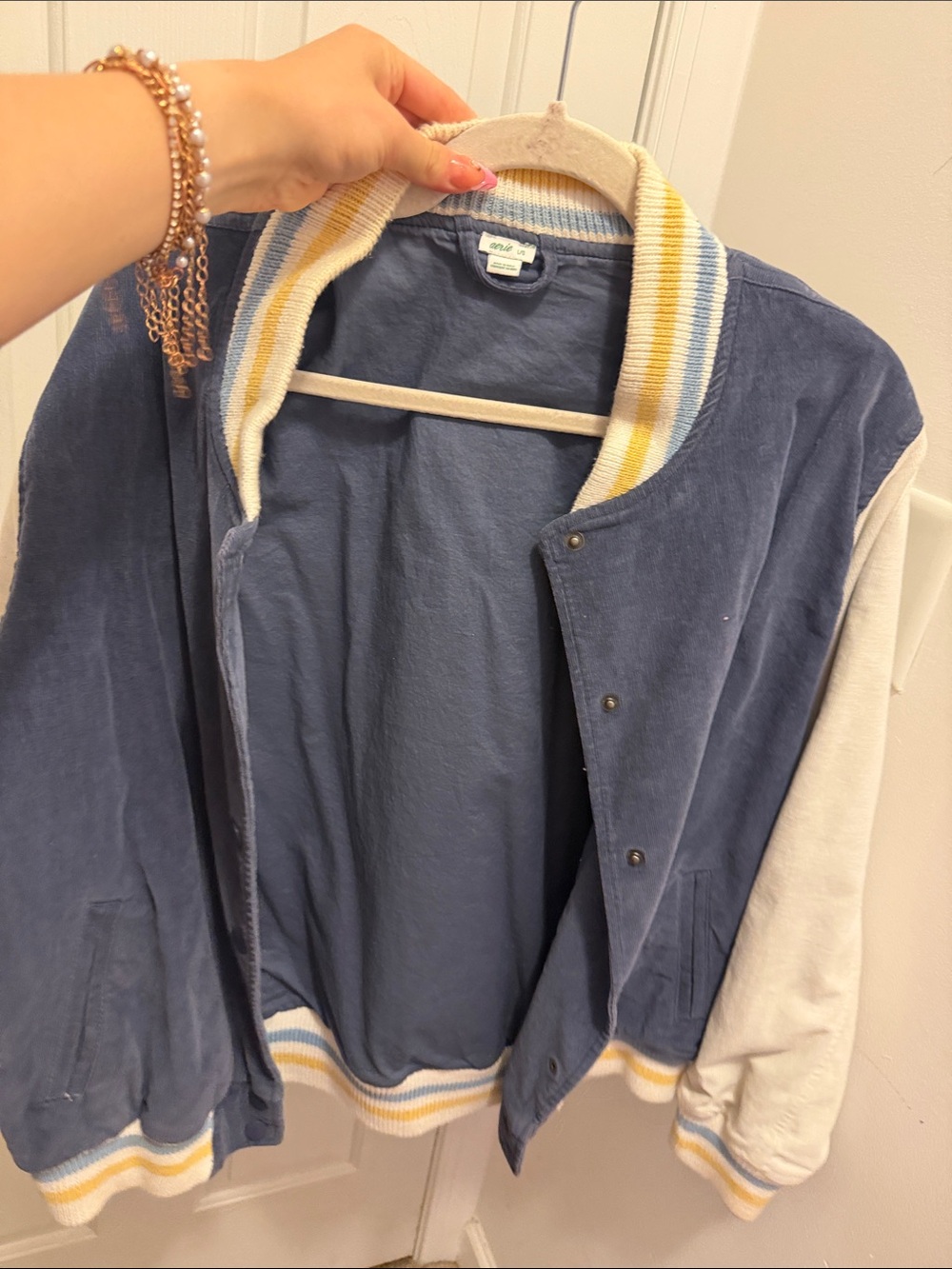 Two-Tone Blue and Cream Varsity Jacket with Stripe Trim